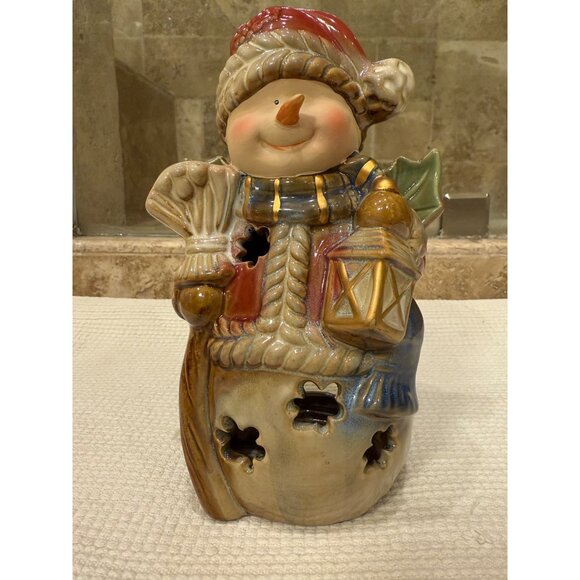 Ceramic Snowman Tealight Holder With Lantern & Santa Hat For Christmas Decor - Picture 6 of 9